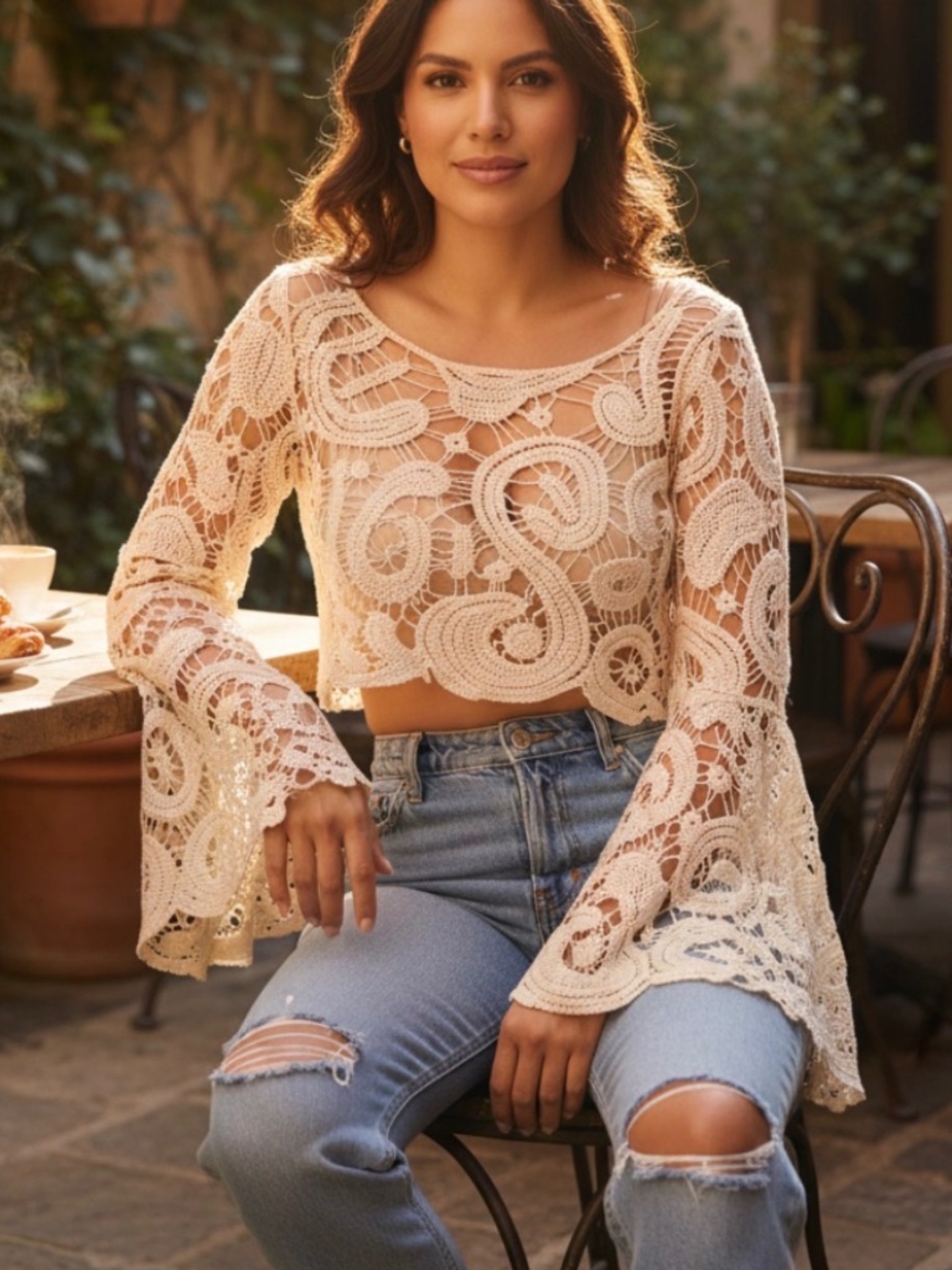 Miracle Cream Coquette Paisley Lace Crochet Semi Sheer Long sleeve Top
